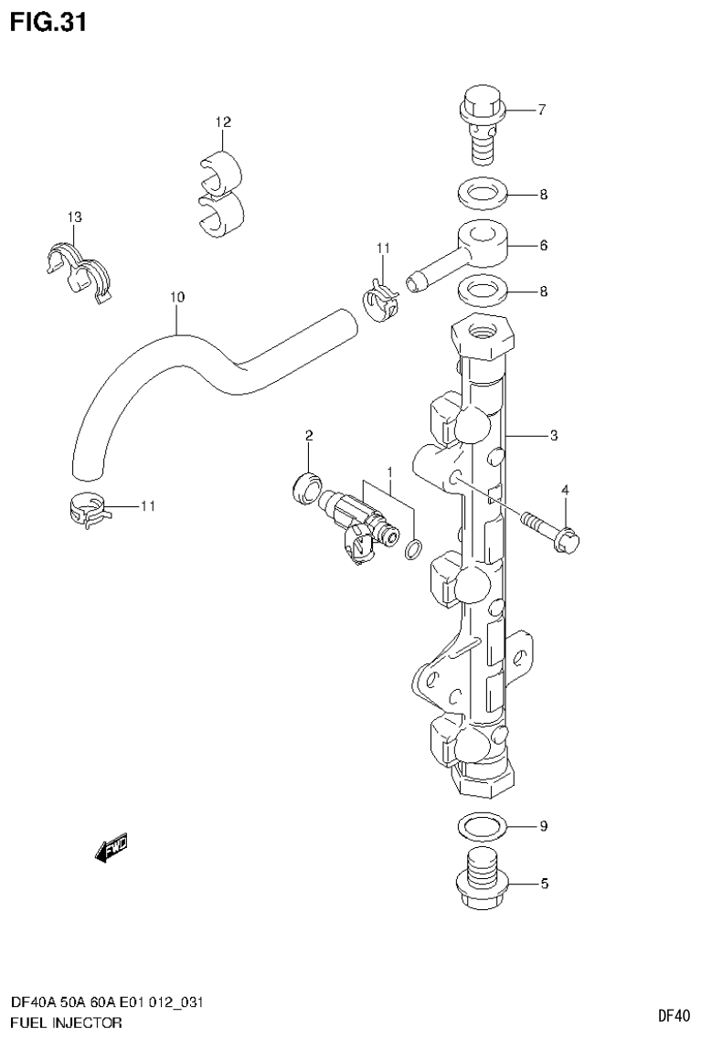 Suzuki DF40AST, DF50A, DF50ATH FUEL INJECTOR (DF40AST E34) parts diagram